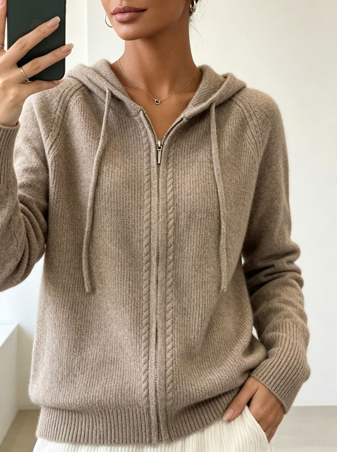 Women's Hooded Cardigan with Zipper, Fine Knit and Ribbed Cuffs