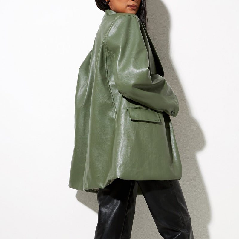 Women's Oversized Faux Leather Blazer Jacket