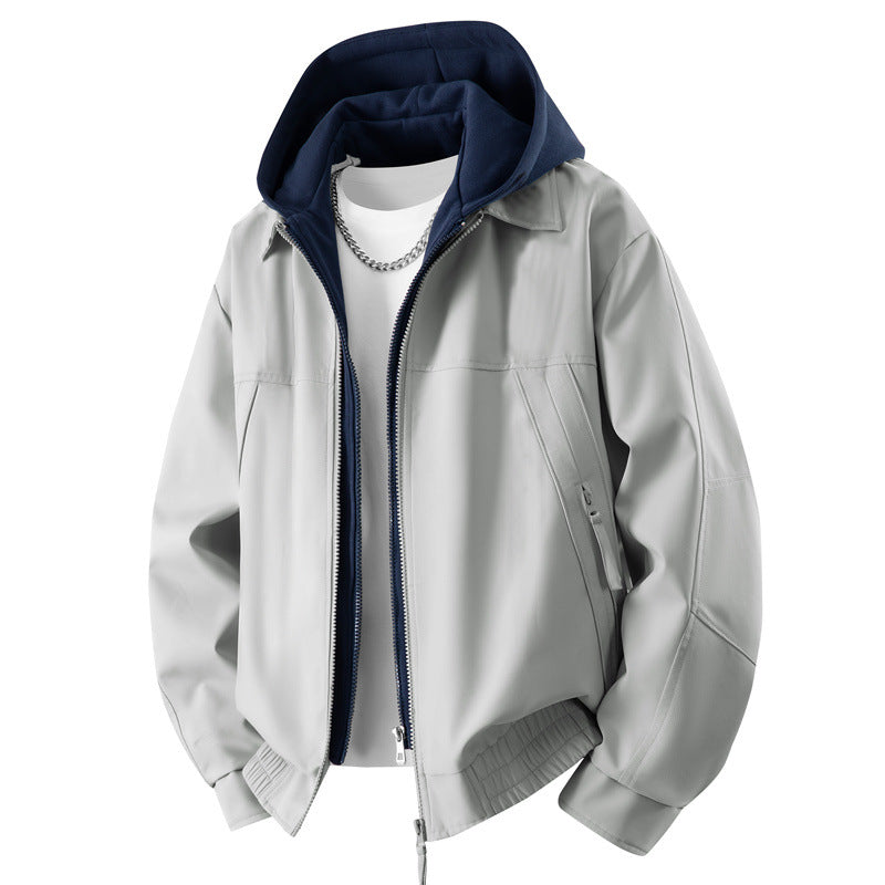 Men's Casual Layered Bomber Jacket with Integrated Hooded Inner Jacket, Two-Way Zipper & Elastic Hem