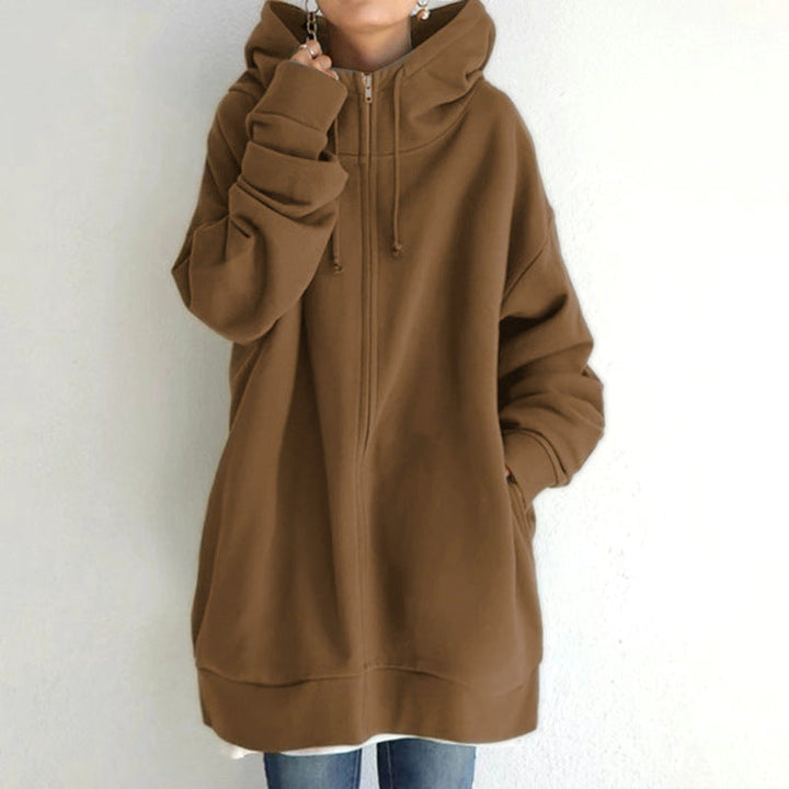 Women's Oversized Hooded Long Pullover with Zipper and Side Pockets