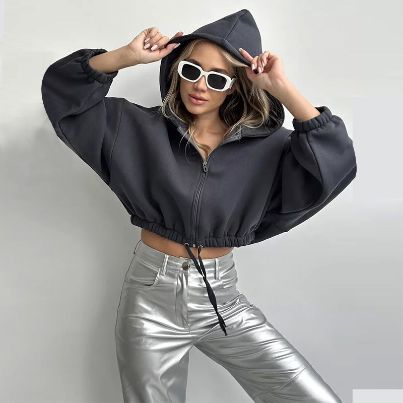 Women's Short Hooded Jacket with Drawstring Waistband, Balloon Sleeves, and Half-height Zipper