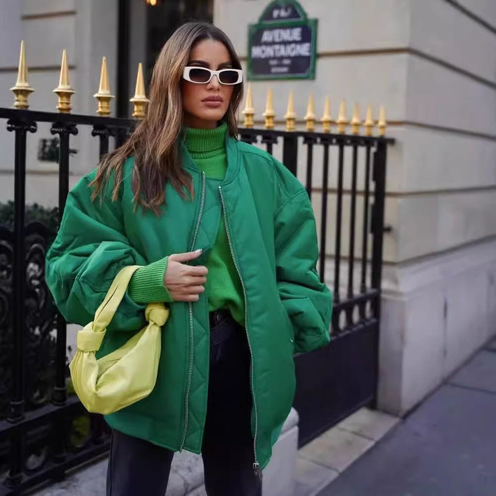 Women's Oversized Bomber Jacket with Stand-up Collar, Zipper and Snap Button Pockets