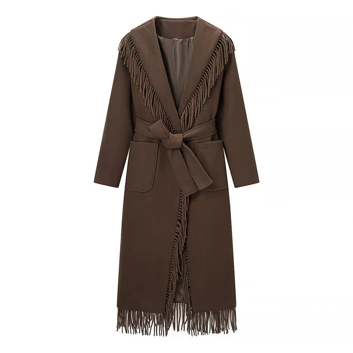 Women's Long Fringed Coat with Voluminous Shawl Collar, Waist Belt and Patch Pockets
