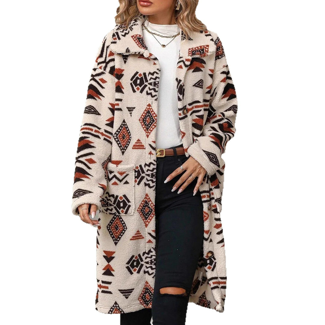 Women Teddy Coat with Aztec Pattern, Button Placket and Patch Pockets