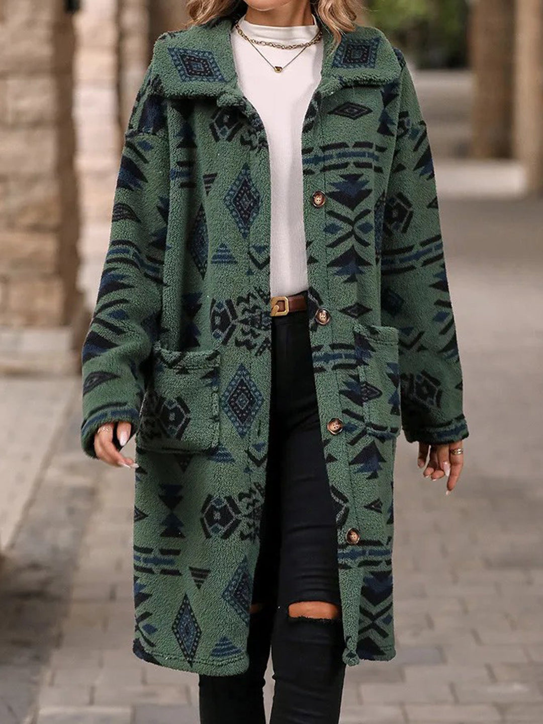 Women Teddy Coat with Aztec Pattern, Button Placket and Patch Pockets