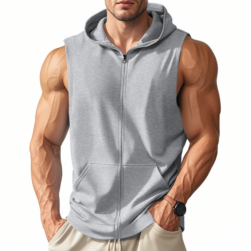 Men's Sleeveless Zip Hooded Vest with Kangaroo Pocket and Athletic Cut