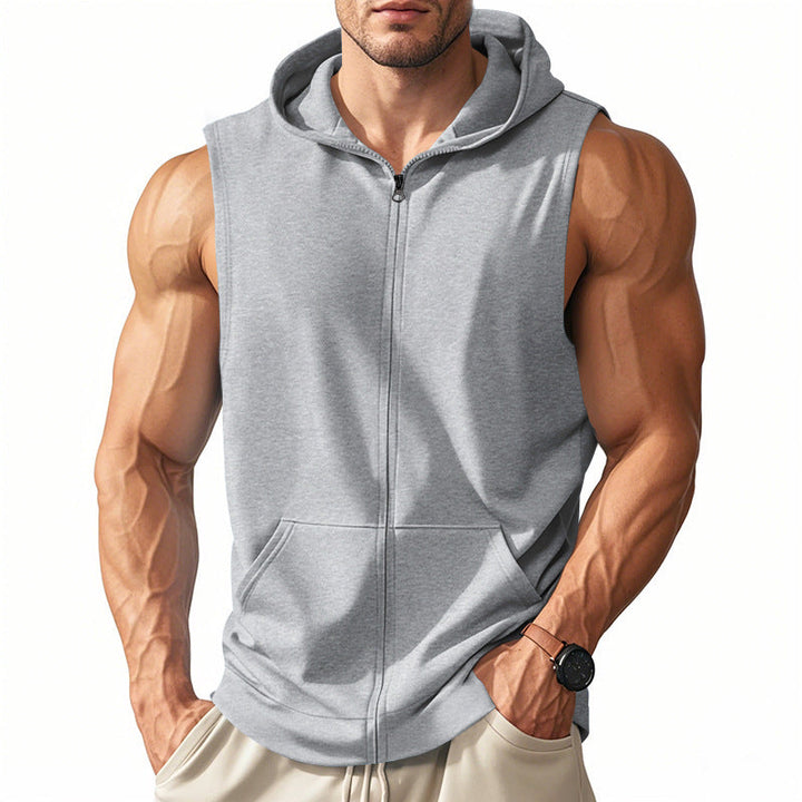 Men's Sleeveless Zip Hooded Vest with Kangaroo Pocket and Athletic Cut