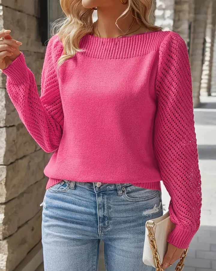 Women's Fine Knit Sweater with Ajour Puff Sleeves and Bateau Neckline