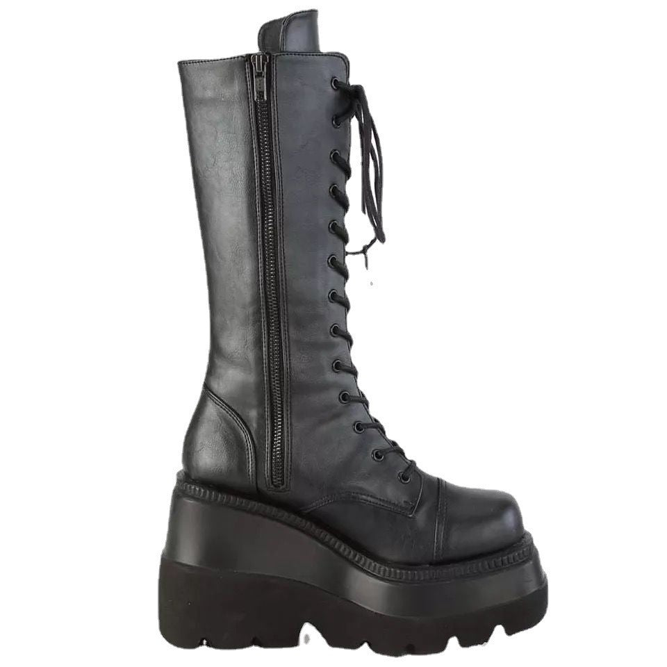 Women's High-Quality Lace-Up Boots with Platform Heel and Side Zipper