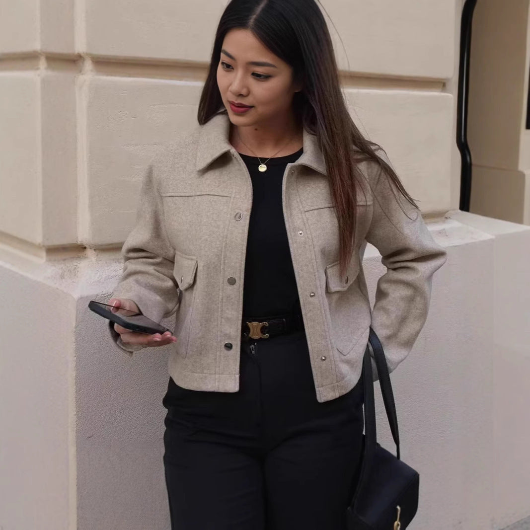Women's Short Wool Jacket in Classic Style with Patch Pockets