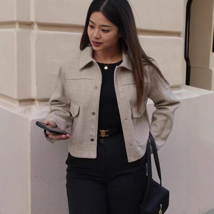 Women's Short Wool Jacket in Classic Style with Patch Pockets