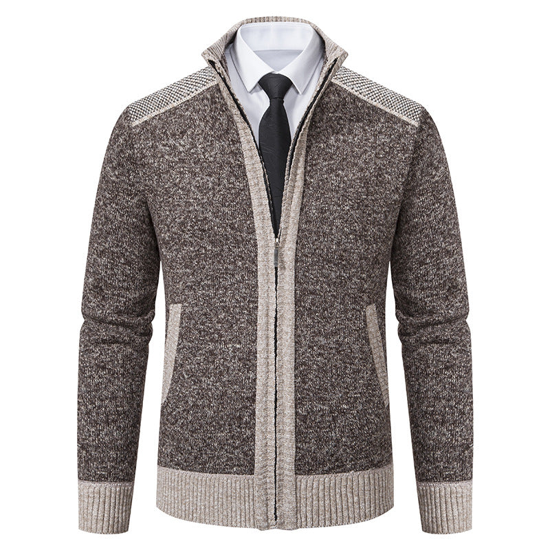 Men's Structured Knit Cardigan with Stand-up Collar and Full Zip