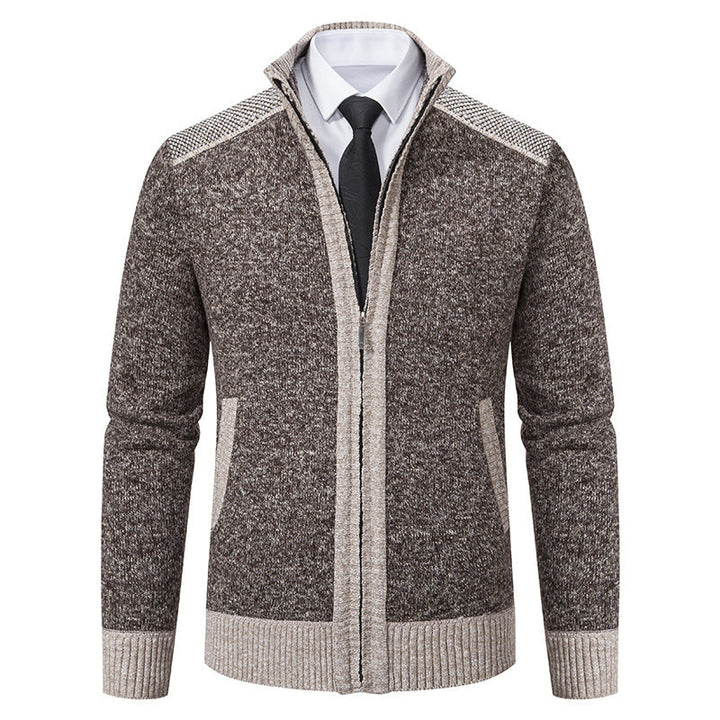 Men's Structured Knit Cardigan with Stand-up Collar and Full Zip