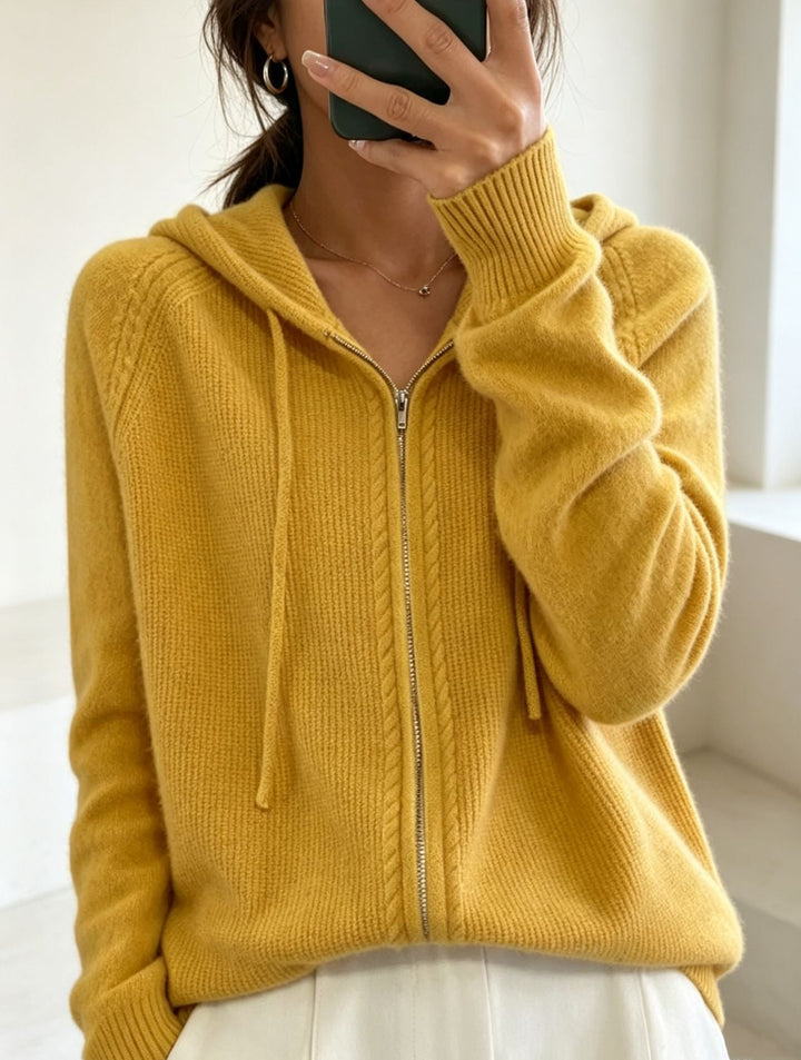 Women's Hooded Cardigan with Zipper, Fine Knit and Ribbed Cuffs