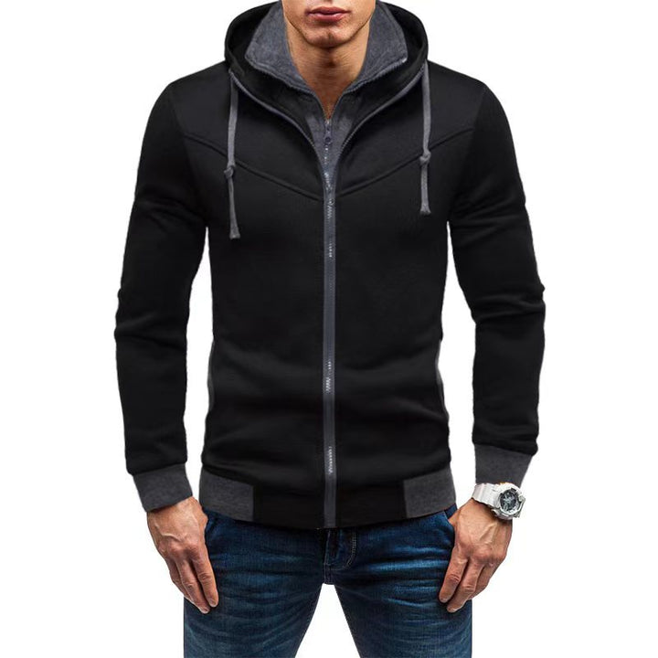 Men's Slim-Fit Hoodie Jacket with Concealed Zipper Double Collar and Contrasting Cuffs