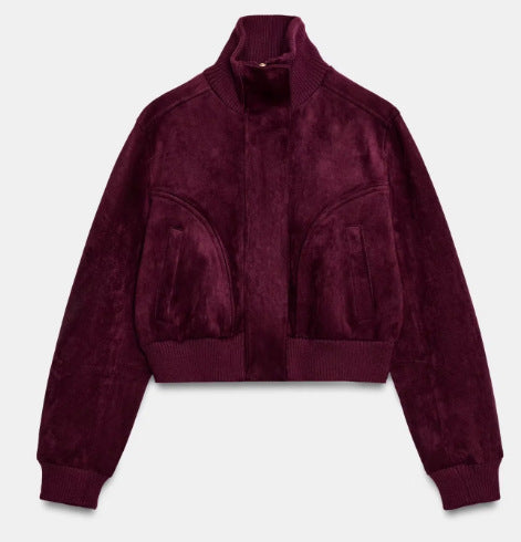 Women's Short Suede Bomber Jacket with High Ribbed Collar, Elastic Hem and Patch Pockets