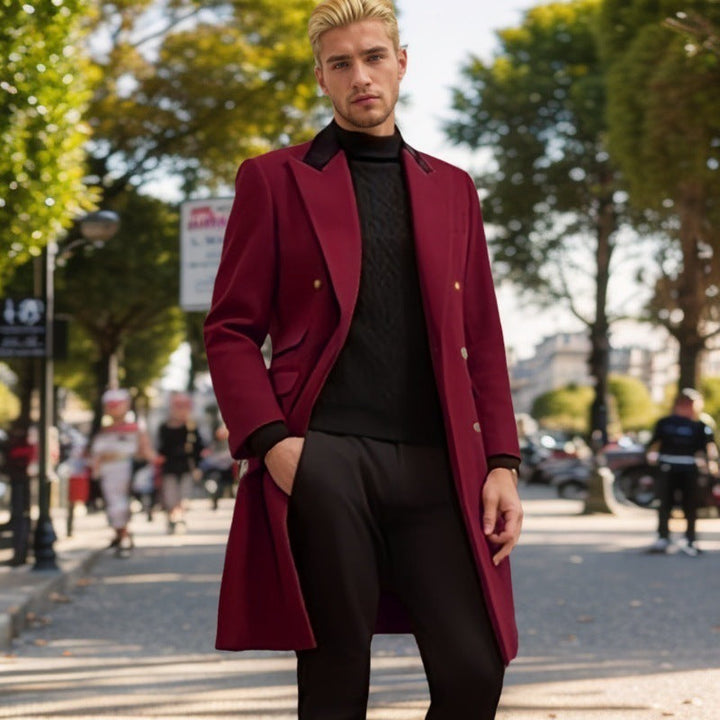 Men's Modern Urban Coat with Double Button Placket and Velvet Collar