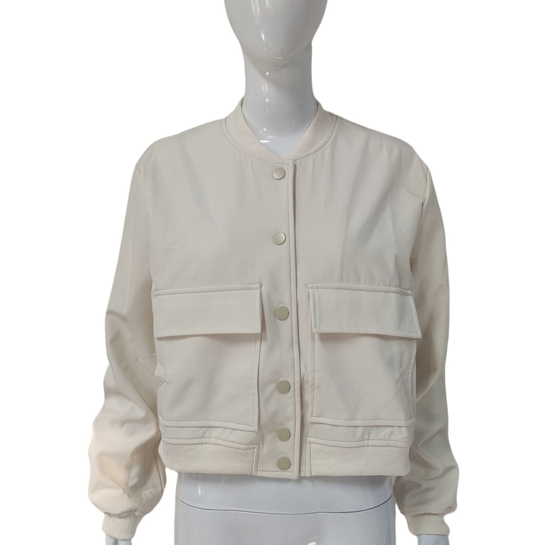 Women's Short Utility Jacket with Stand Collar, Snap Buttons and Flap Pockets