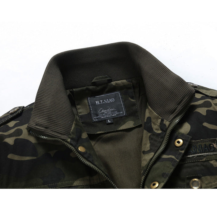 Men's Camouflage Utility-Style Field Jacket with Ribbed Cuffs and Shoulder Flaps