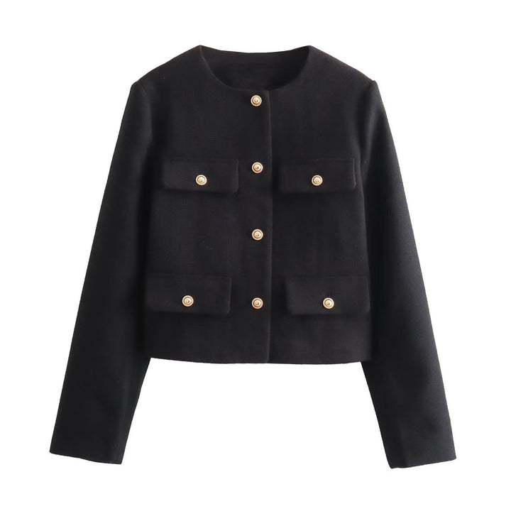 Women's Short-cut Bouclé Tweed Jacket with Round Neckline Decorative Button Details and Attached Flap Pockets