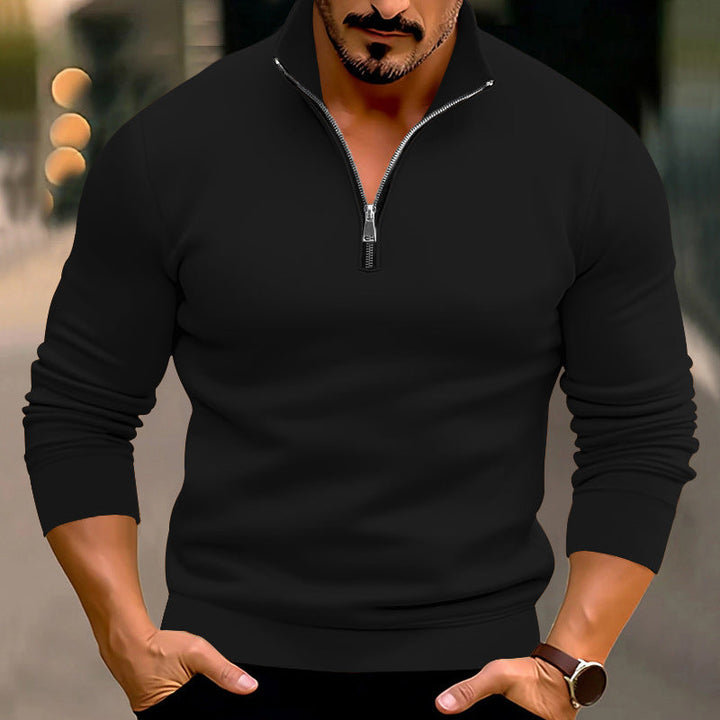 Men's Fitted Fine Knit Pullover with Short Zipper and Stand-up Collar