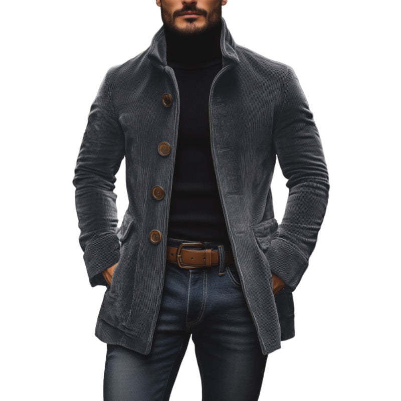 Men's Tailored Cord Coat with Stand-up Collar, Decorative Button Placket and Side Pockets