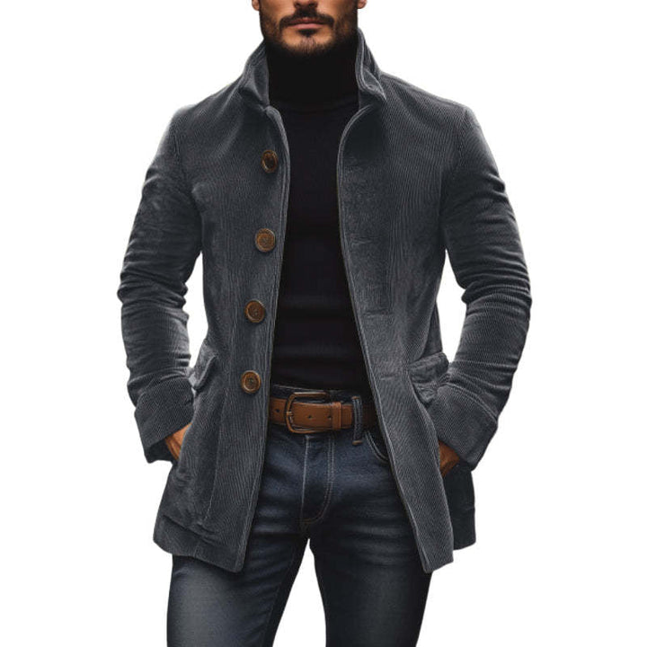 Men's Tailored Cord Coat with Stand-up Collar, Decorative Button Placket and Side Pockets