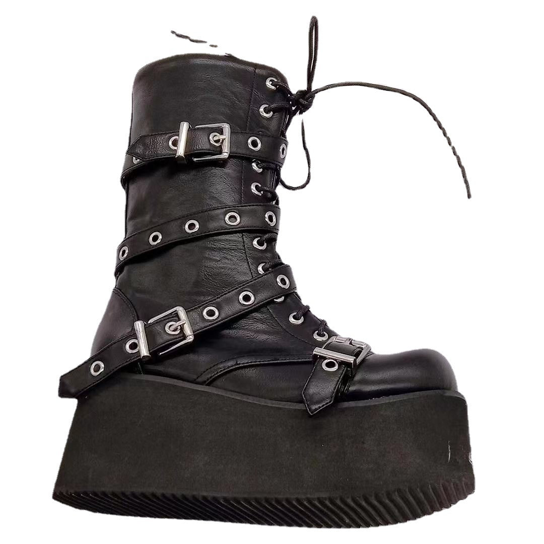 Women's Platform Combat Boots with Buckles, Eyelets, Lacing, and Side Zipper
