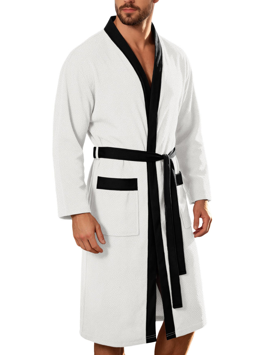 Men's Lightweight Cotton Kimono Bathrobe with Waffle Texture and Patch Pockets