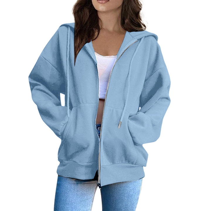 Women's Casual Hoodie Jacket with Continuous Zipper, Kangaroo Pockets, and Voluminous Raglan Sleeves