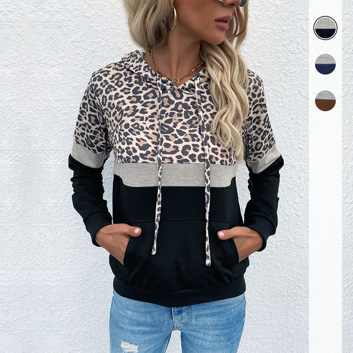 Women's Hoodie with Leopard Print, Color Block Insert and Kangaroo Pocket