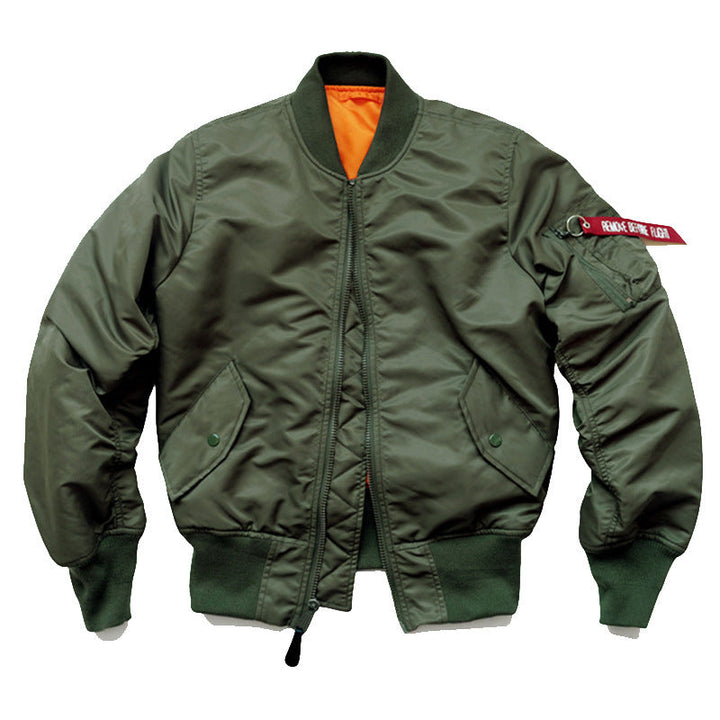 Men's Flight Bomber Jacket with Contrasting Inner Lining, Utility Arm Pocket, and Ribbed Cuffs