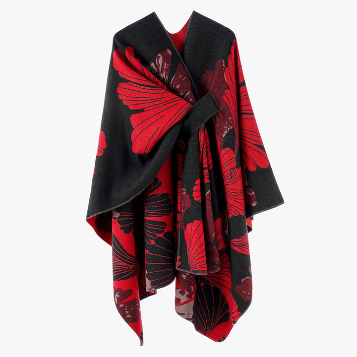 Women's Oversize Jacquard Cape made of Wool Blend with Floral Jacquard and Front Loop