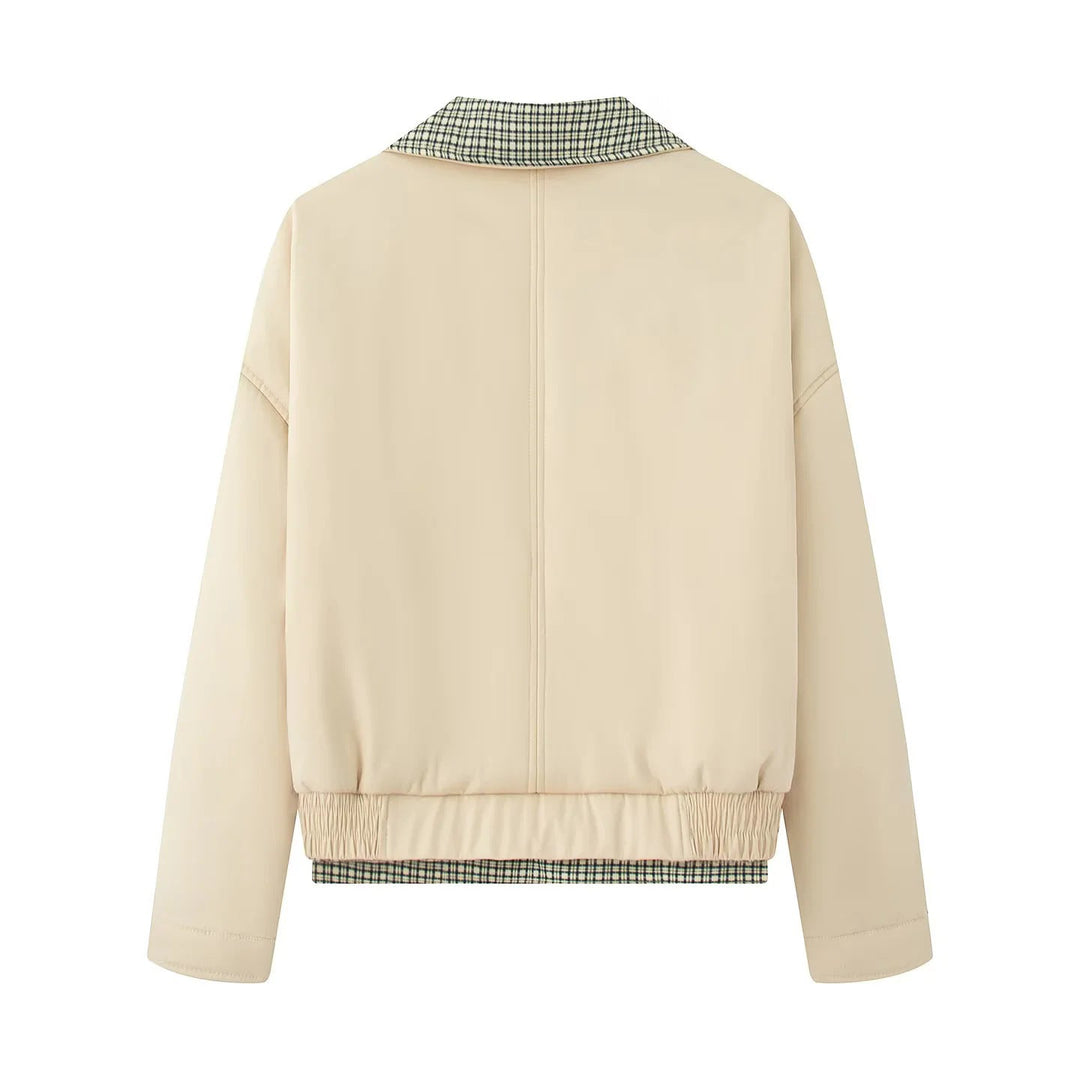 Women's Short Cut Bomber Jacket with Checked Lining, Concealed Front Placket and Patch Pockets