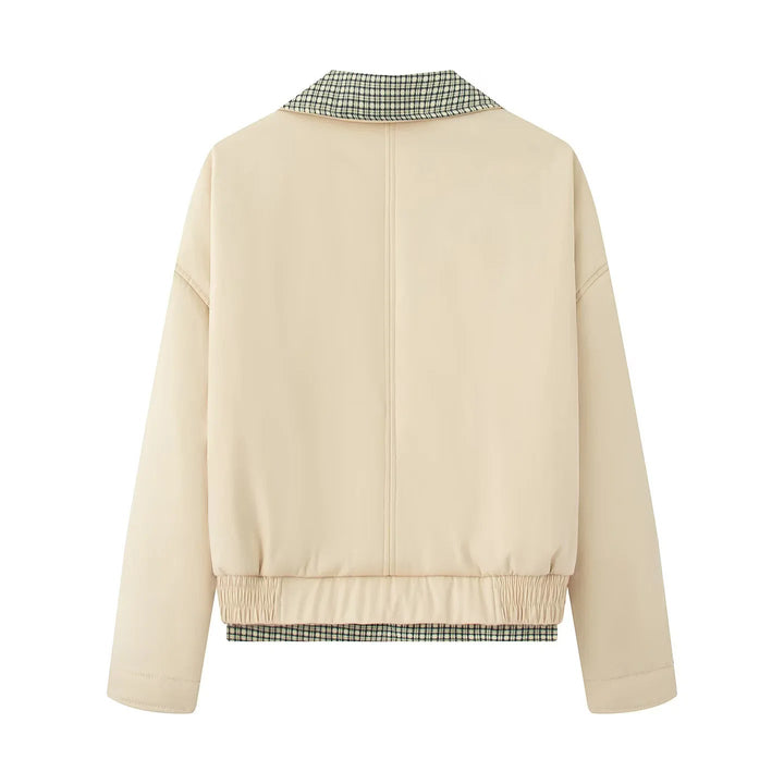 Women's Short Cut Bomber Jacket with Checked Lining, Concealed Front Placket and Patch Pockets