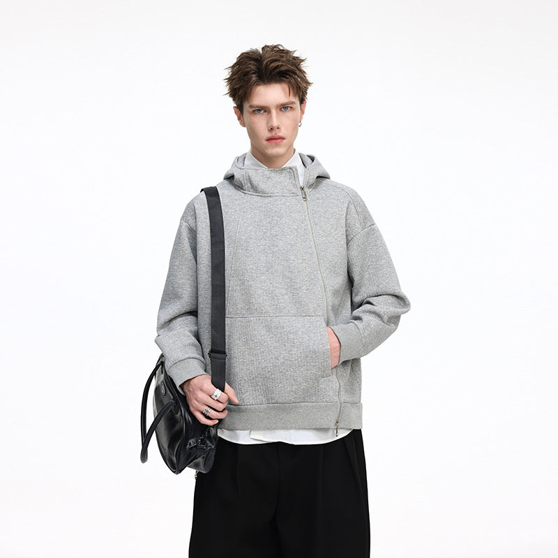 Unisex Asymmetric Hoodie with High Collar, Diagonal Zipper and Kangaroo Pocket