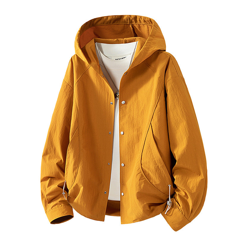 Women's Lightweight Hooded Jacket with Snap Front, Adjustable Drawstring Hem, and Practical Side Pockets