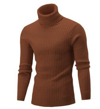 Men's Ribbed Turtleneck Sweater with Cable Knit Pattern and Form-fitting Slim-fit Silhouette