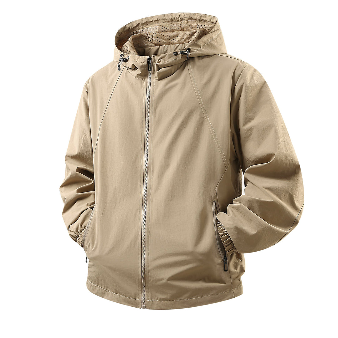 Men's Lightweight Breathable Hooded Windbreaker with Mesh Lining and Zipper Pockets