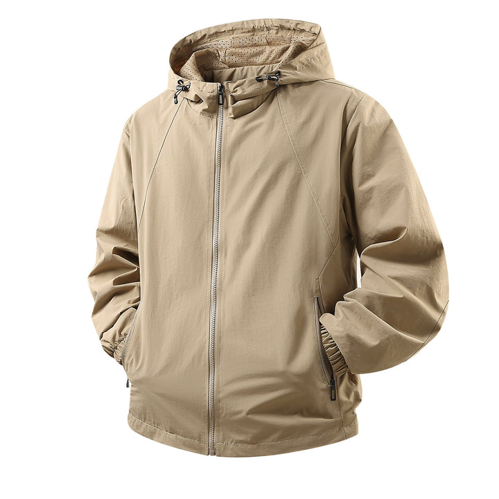 Men's Lightweight Breathable Hooded Windbreaker with Mesh Lining and Zipper Pockets
