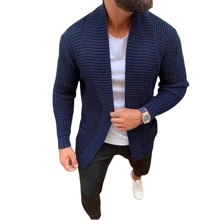 Men's Knitted Cardigan with Shawl Collar and Textured Waffle Pattern