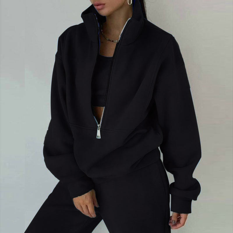 Women's Short Half-zip Sweatshirt and Jogging Pants Set with Stand-up Collar, Oversized Cut and Soft French Terry