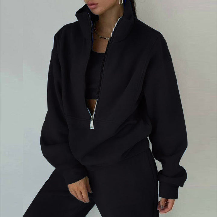 Women's Short Half-zip Sweatshirt and Jogging Pants Set with Stand-up Collar, Oversized Cut and Soft French Terry