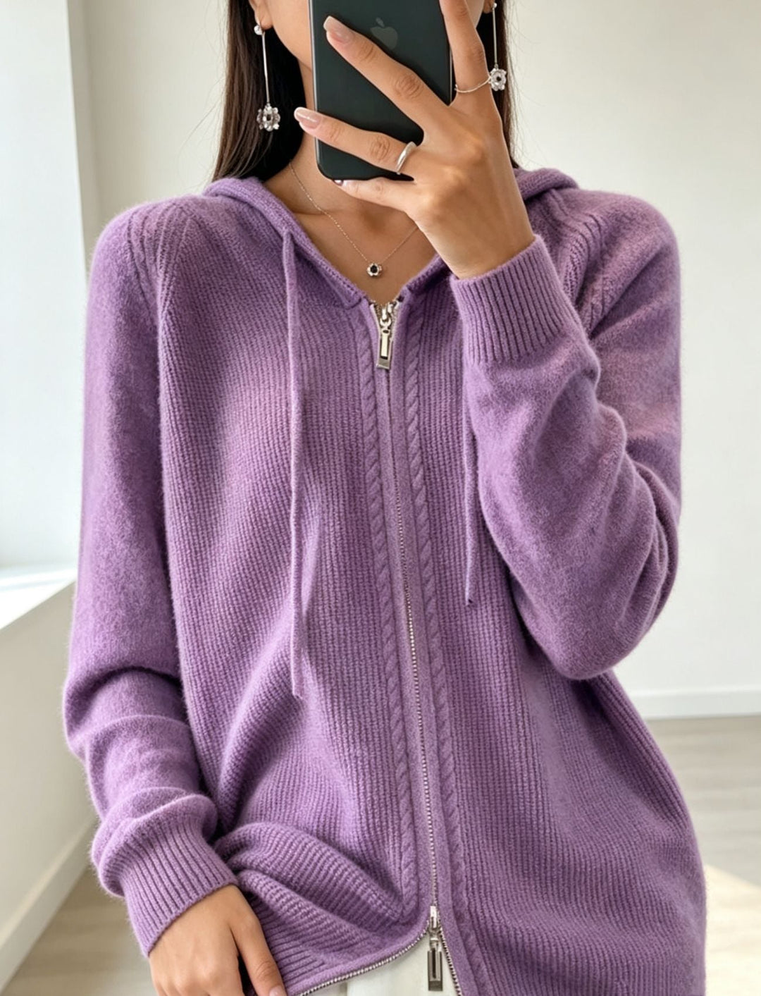 Women's Hooded Cardigan with Zipper, Fine Knit and Ribbed Cuffs