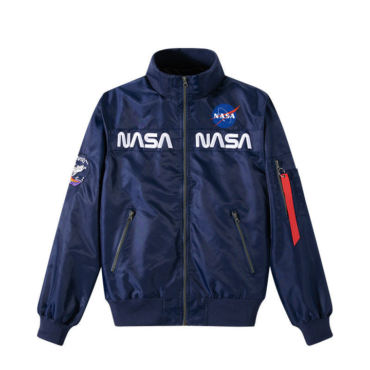 Men's Retro Space-logo Nylon Zip Bomber with Angled Zip Pockets and Utility Sleeve Tab