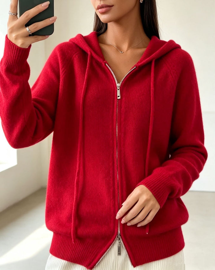 Women's Hooded Cardigan with Zipper, Fine Knit and Ribbed Cuffs