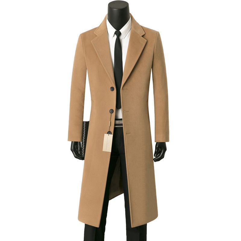Men's Single-breasted Long Coat with Narrow Silhouette, Notched Lapel and Knee-length Cut