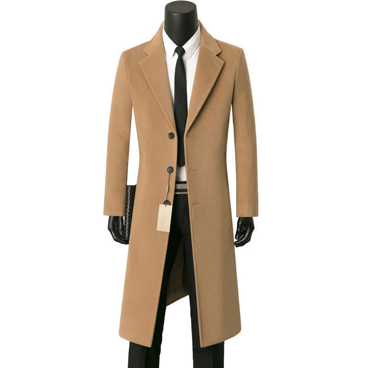 Men's Single-breasted Long Coat with Narrow Silhouette, Notched Lapel and Knee-length Cut