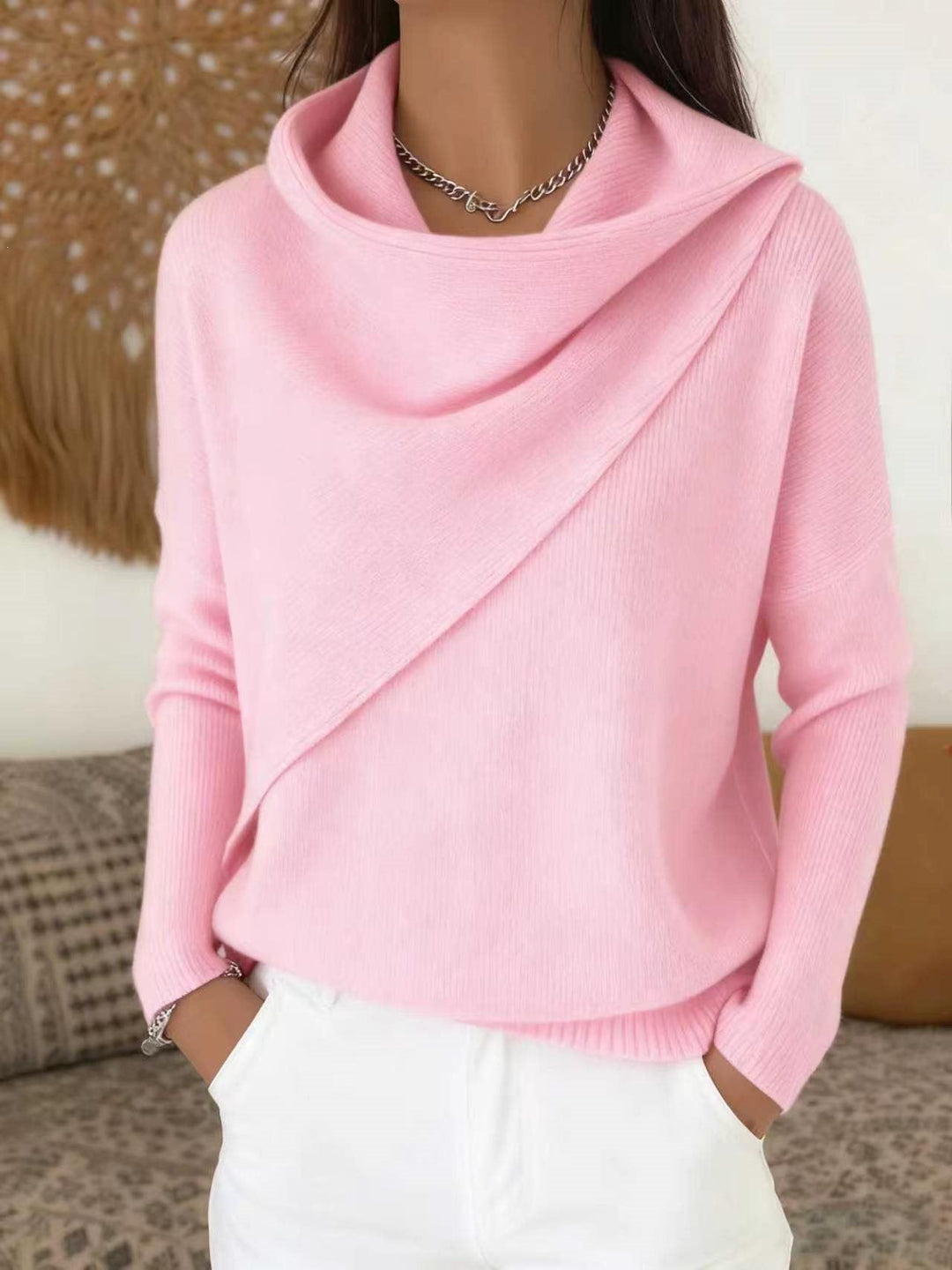 Women's Asymmetric Chunky Knit Sweater with Shawl Collar
