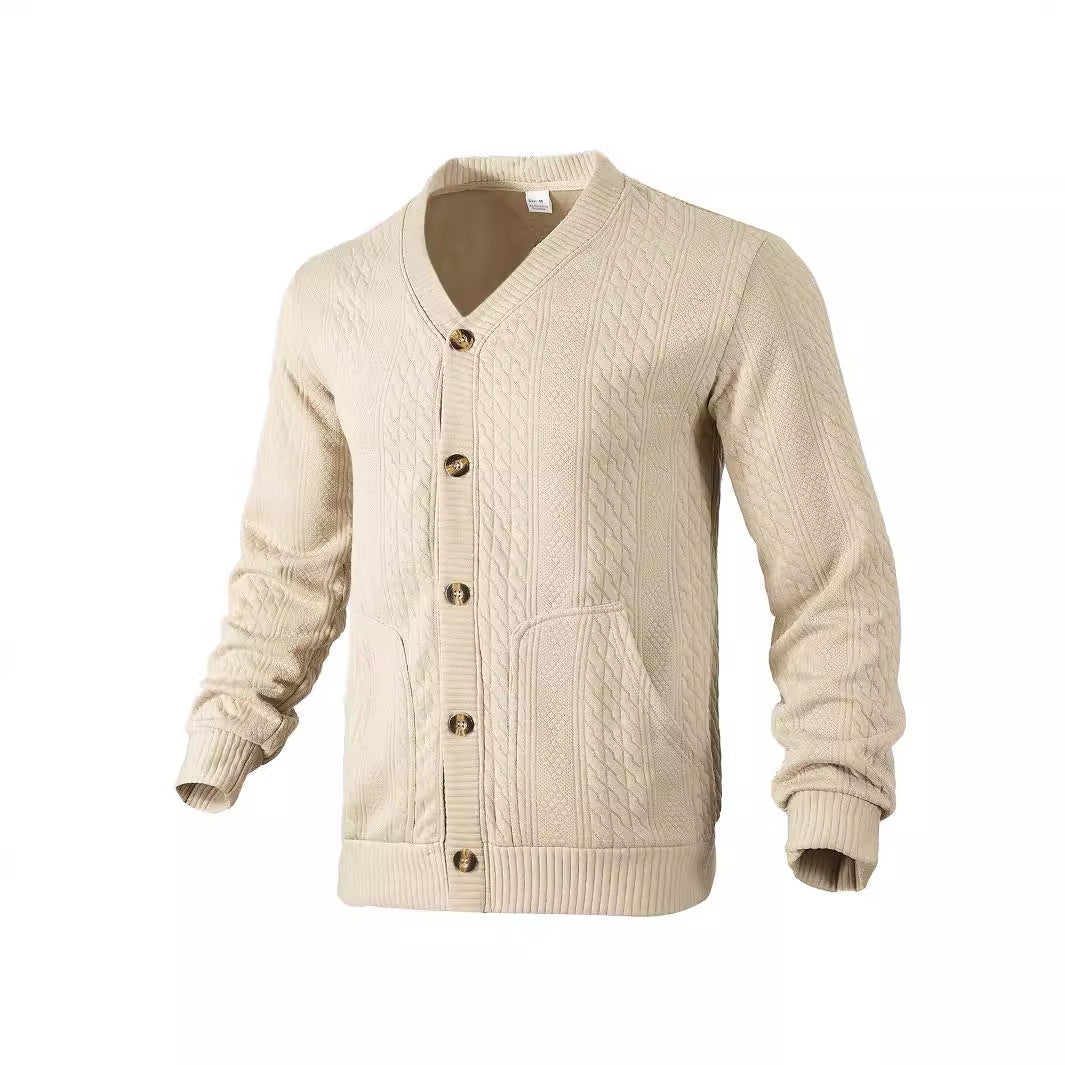 Men's Elegant Braided Knit Cardigan with V-neck Button Placket and Patch Pockets